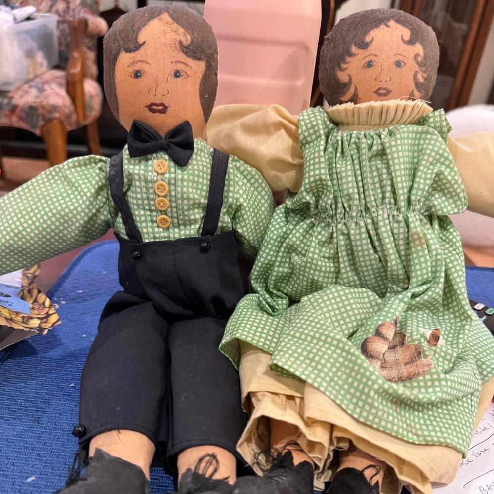 Folk Art Dolls Canvas Hand Painted Primitive 15" Vintage Farmer Couple Wedding